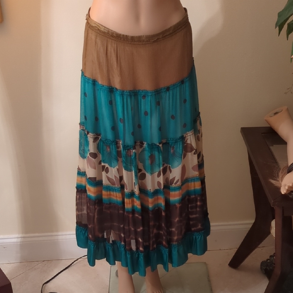 Calvin Klein Tan and Blue Tiered Maxi Skirt